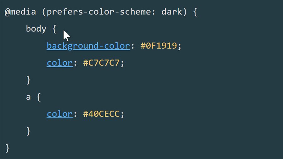 A segment of code showing the prefers-color-scheme media query