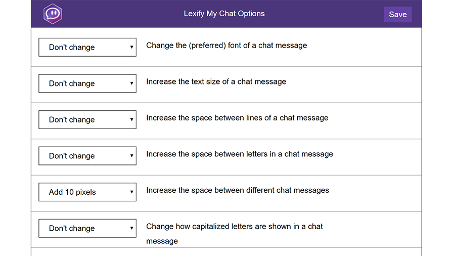 A screenshot of several options of the Lexify My Chat Chrome extension for Twitch