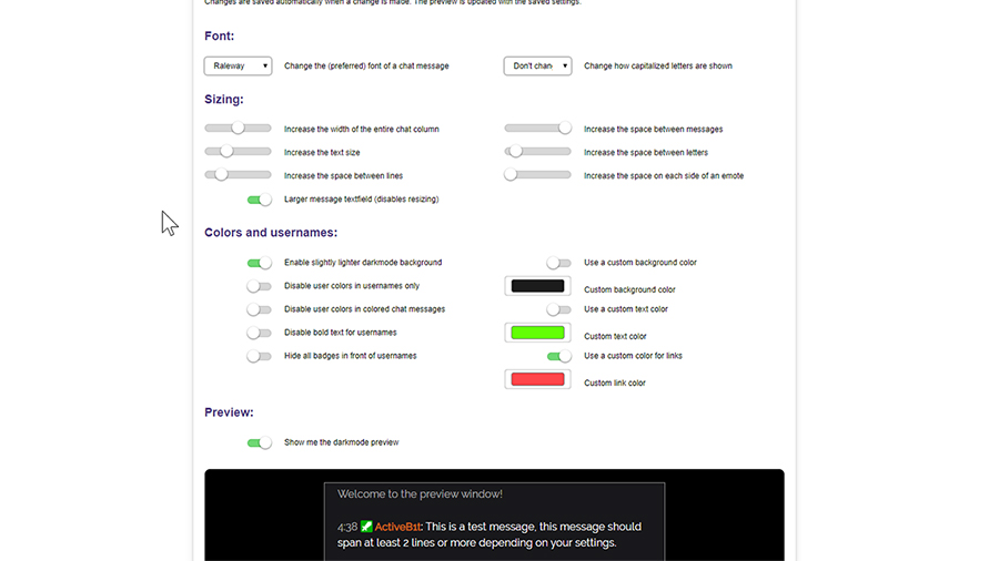 A screenshot of several options of the Lexify My Chat Chrome extension for Twitch